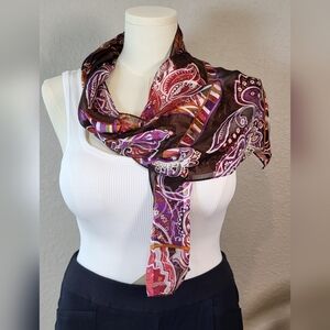 OSCAR DE LA RENTA Purple and Brown Paisley Silk Scarf - 53 x 10.5   (NWT)